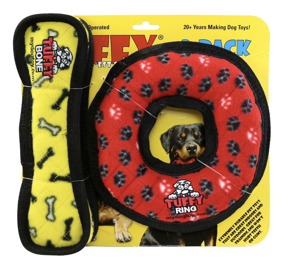 Tuffy Medium Red Paws Ring &amp; Yellow Bone Durable Dog Toys 2 Pack