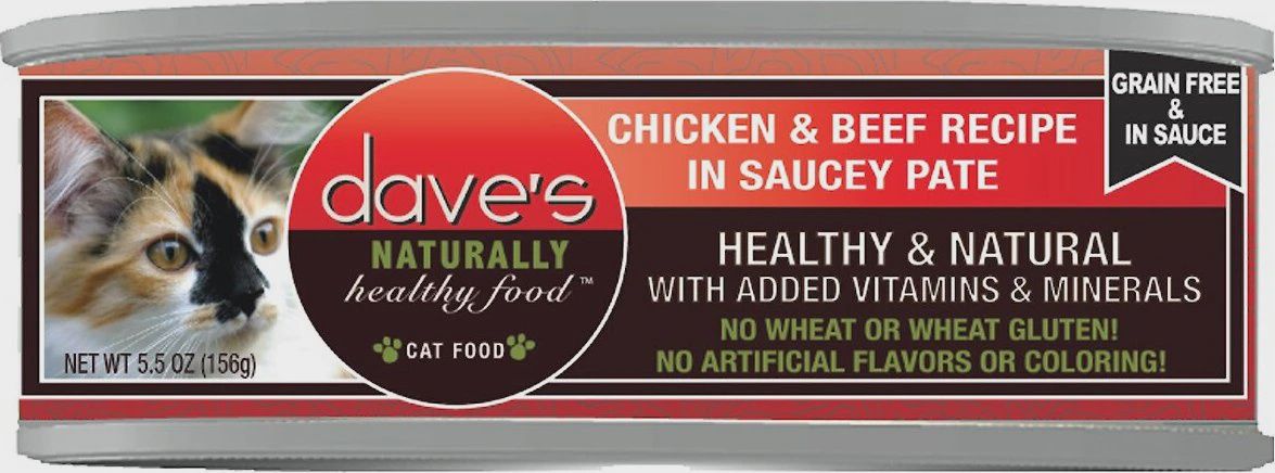 Dave&#39;s Canned Cat Food Chicken &amp; Beef Recipe in Saucey Pate 5.5oz*