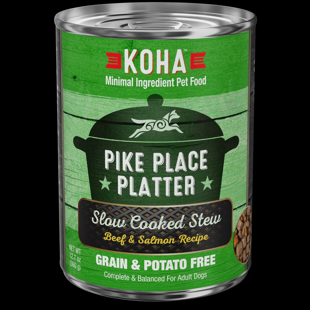 Koha Pike Place Platter Slow Cooked Stew Beef &amp; Salmon Recipe Canned Dog Food 12.7oz