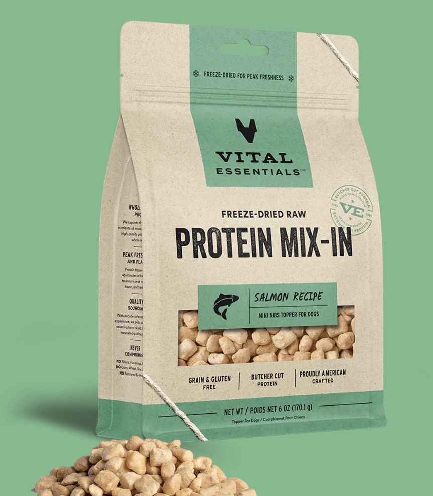 Vital Essentials Freeze-Dried Protein Mix-In Salmon Recipe Mini Nibs Meal Topper for Cats and Dogs 6oz