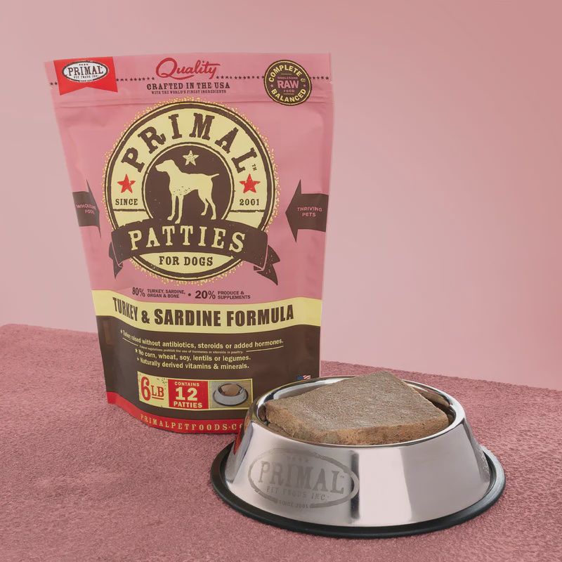 Primal Frozen Raw Patties Turkey &amp; Sardine Formula Dog Food 6lb