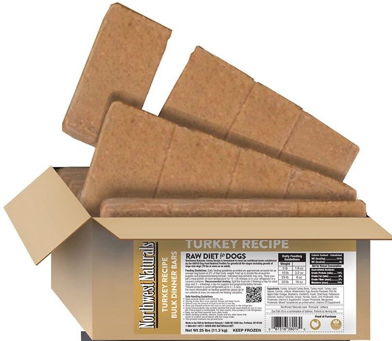 Northwest Naturals Frozen Raw Turkey Recipe Dog Food 25lb Bulk Bars