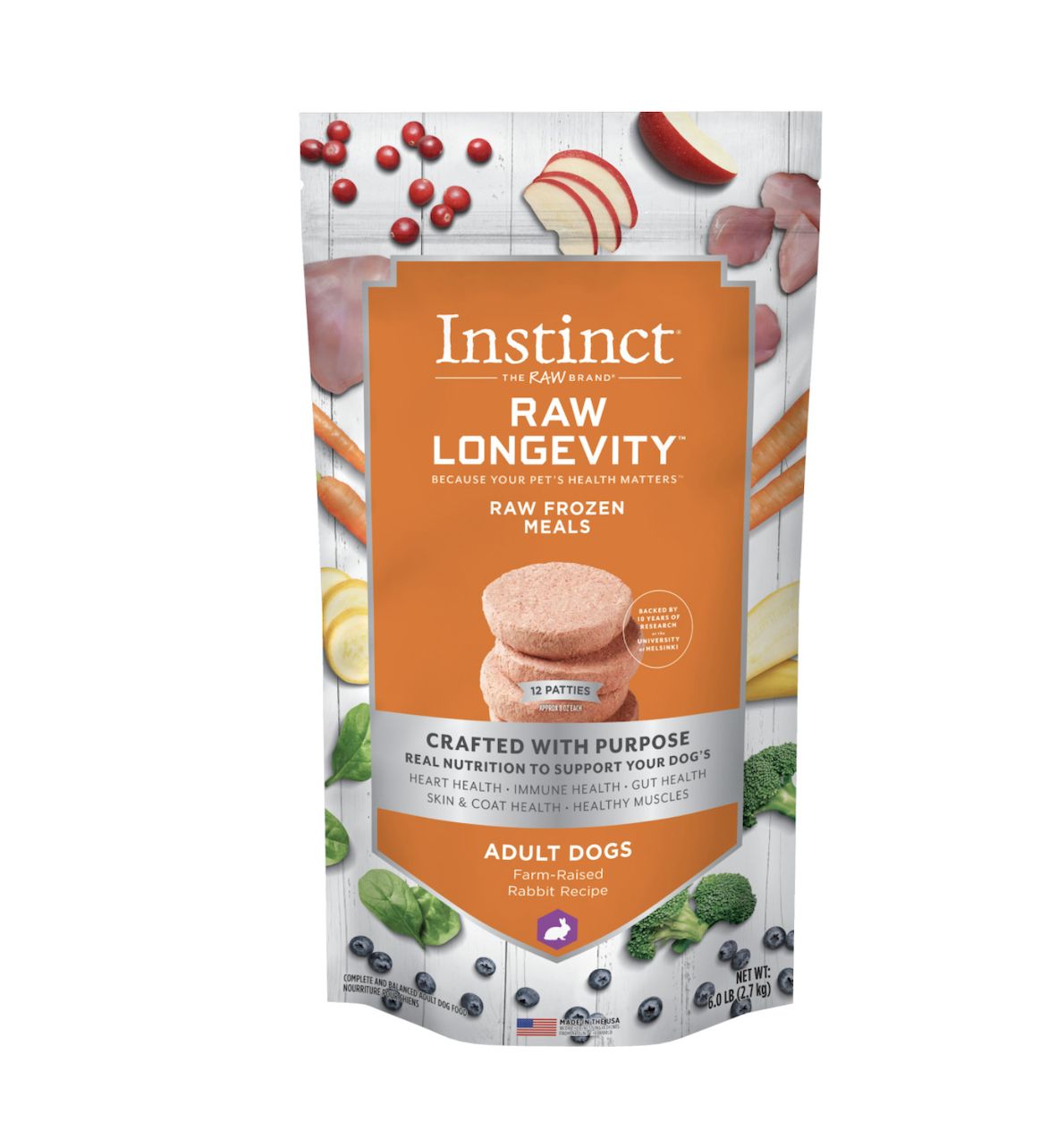 Instinct Longevity Frozen Raw Patties Rabbit Recipe Adult Dog Food 6lb