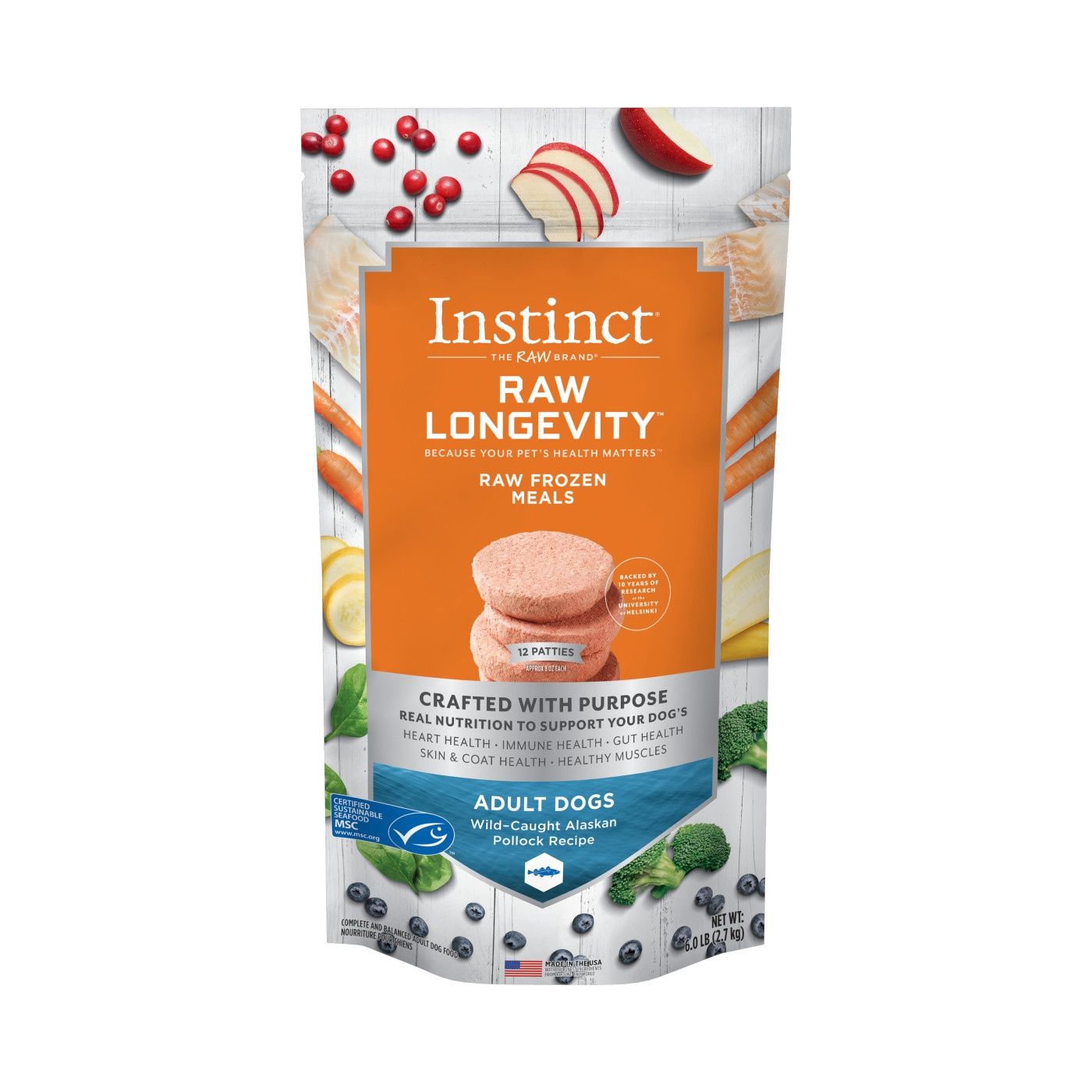 Instinct Longevity Frozen Raw Patties Pollock Recipe Adult Dog Food 6lb