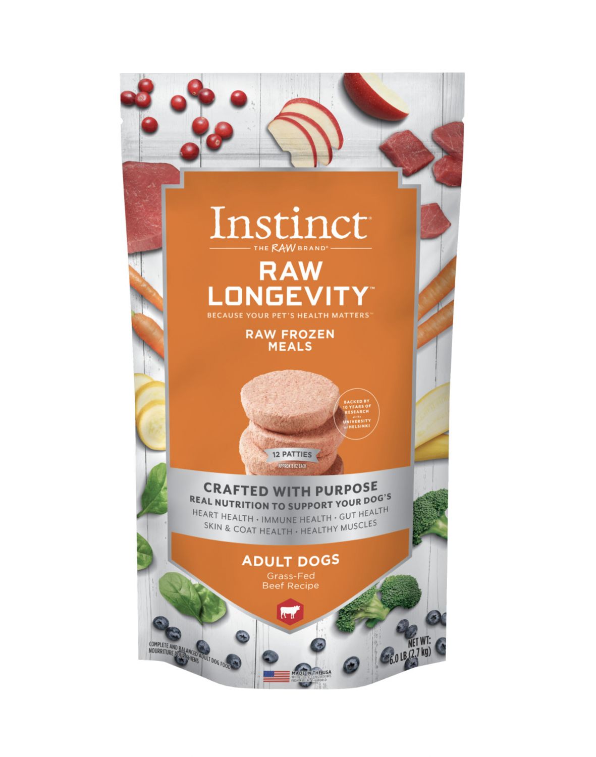 Instinct Longevity Frozen Raw Patties Beef Recipe Adult Dog Food 6lb