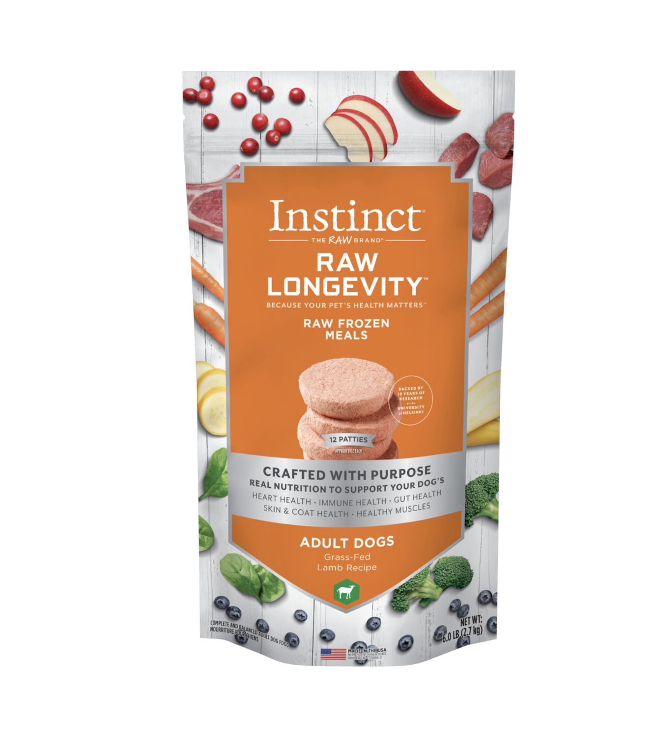Instinct Longevity Frozen Raw Patties Lamb Recipe Adult Dog Food 6lb