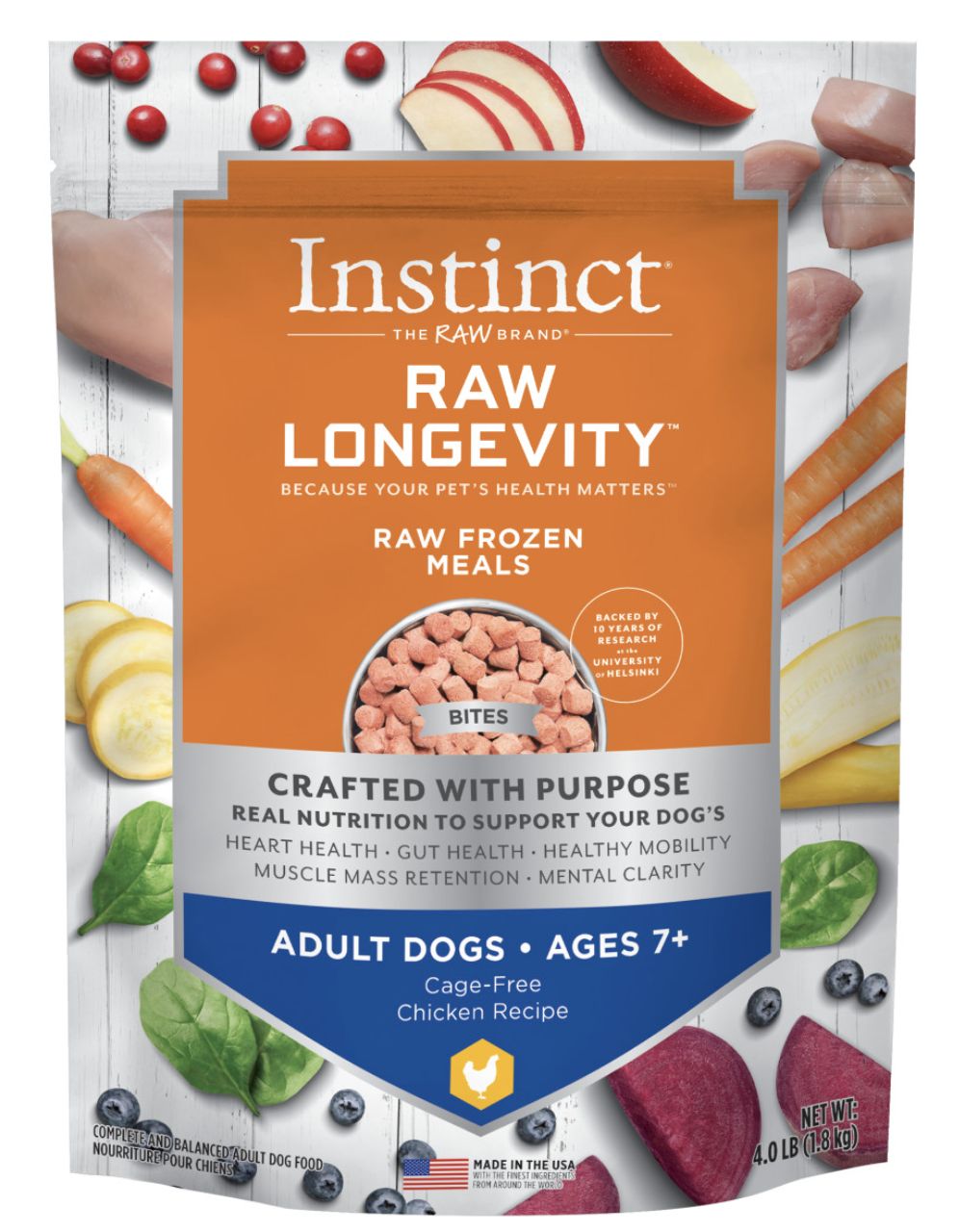 Instinct Raw Longevity Frozen Bites Chicken Recipe Adult 7+ Dog Food 4lb