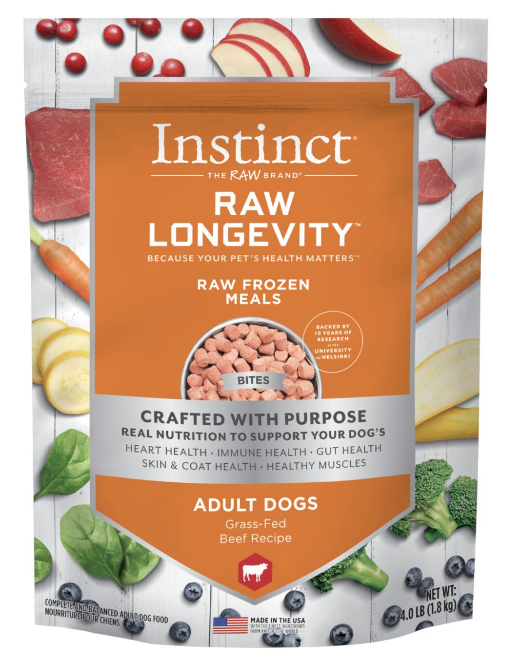 Instinct Longevity Frozen Raw Bites Beef Recipe Adult Dog Food 4lb