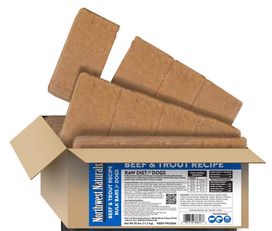 Northwest Naturals Frozen Raw Beef &amp; Trout Recipe Dog Food 25lb Bulk Bars