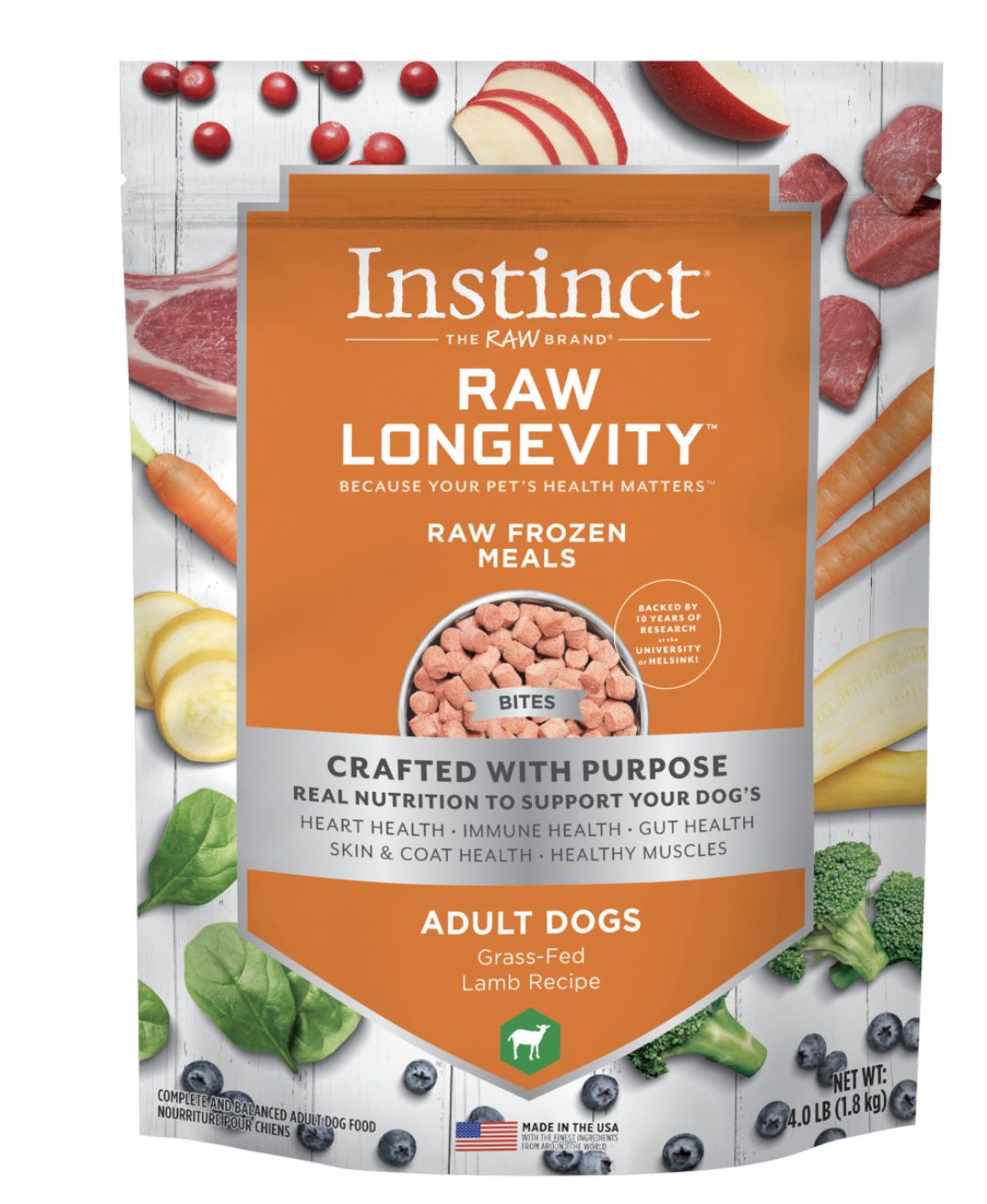 Instinct Longevity Frozen Raw Bites Lamb Recipe Adult Dog Food 4lb