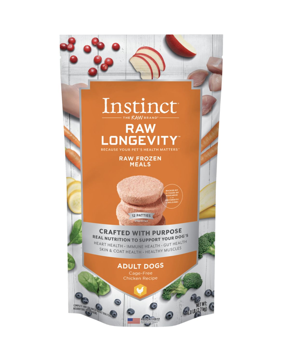 Instinct Longevity Frozen Raw Patties Chicken Recipe Adult Dog Food 6lb