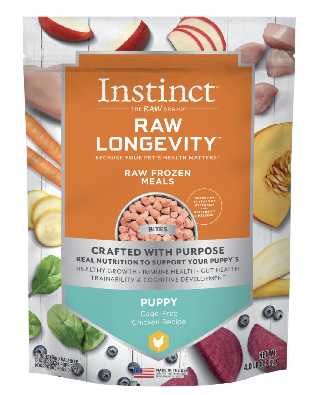 Instinct Longevity Frozen Raw Bites Chicken Recipe Puppy Food 4lb