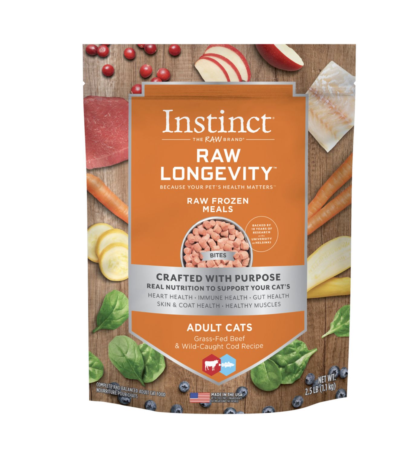 Instinct Longevity Frozen Raw Bites Beef &amp; Cod Recipe Adult Cat Food 2.5 lb