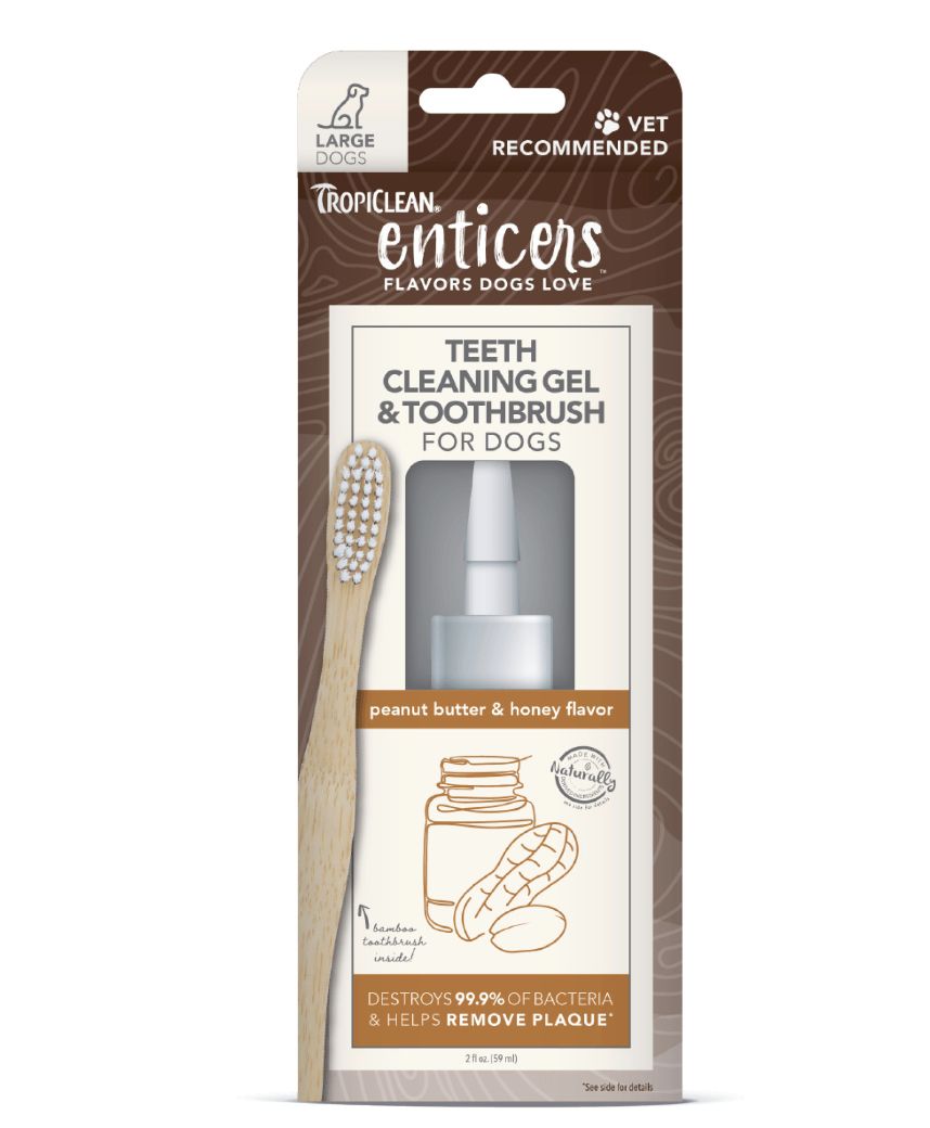 Tropiclean Enticers Teeth Cleaning Gel and Brush for Large Dogs - Peanut Butter &amp; Honey