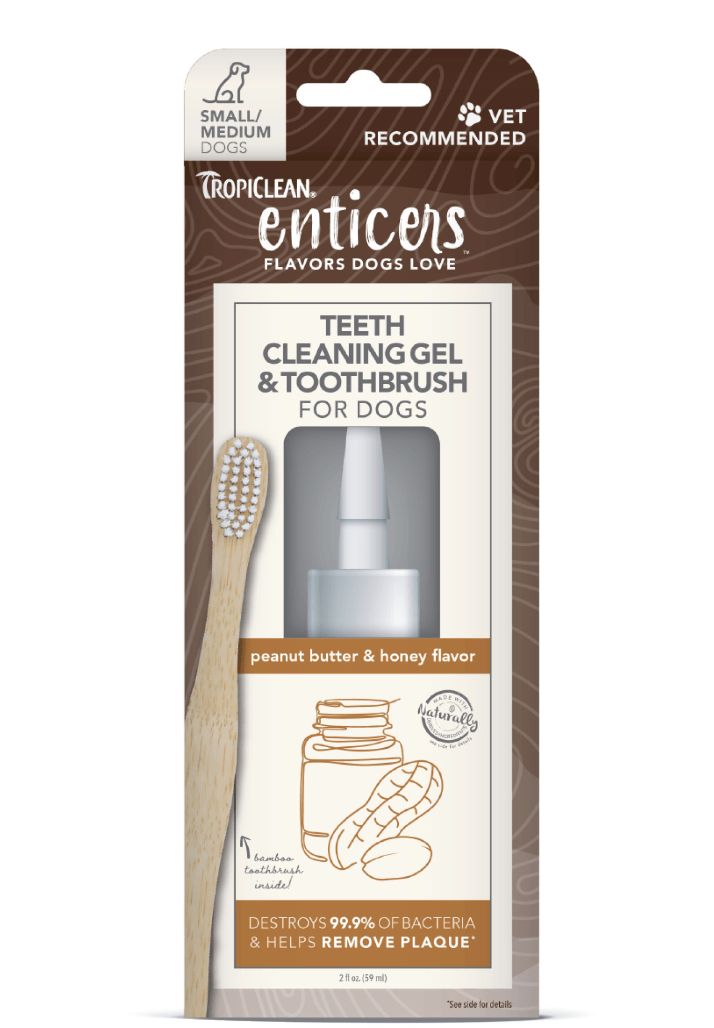 Tropiclean Enticers Teeth Cleaning Gel and Brush for Small / Med Dogs - Peanut Butter &amp; Honey