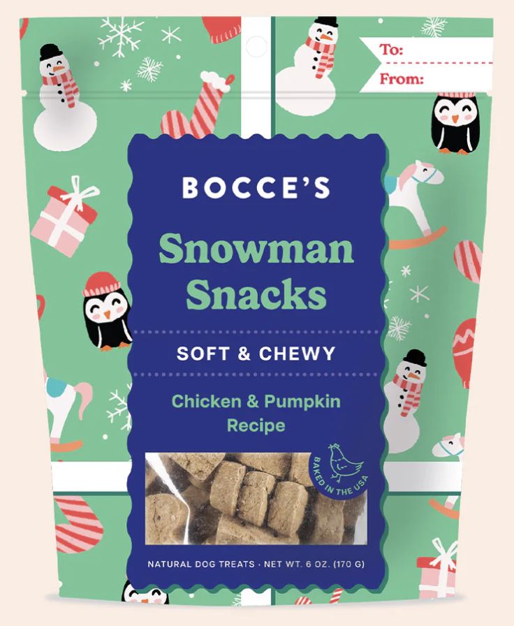 Bocce&#39;s Bakery Snowman Snacks Soft &amp; Chewy Biscuits Dog Treats  6oz