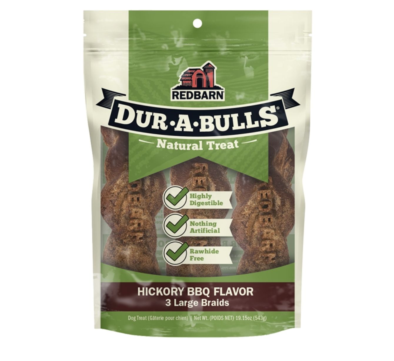 Redbarn Dur-A-Bulls Large Braid Hickory BBQ Dog Chew 3pk