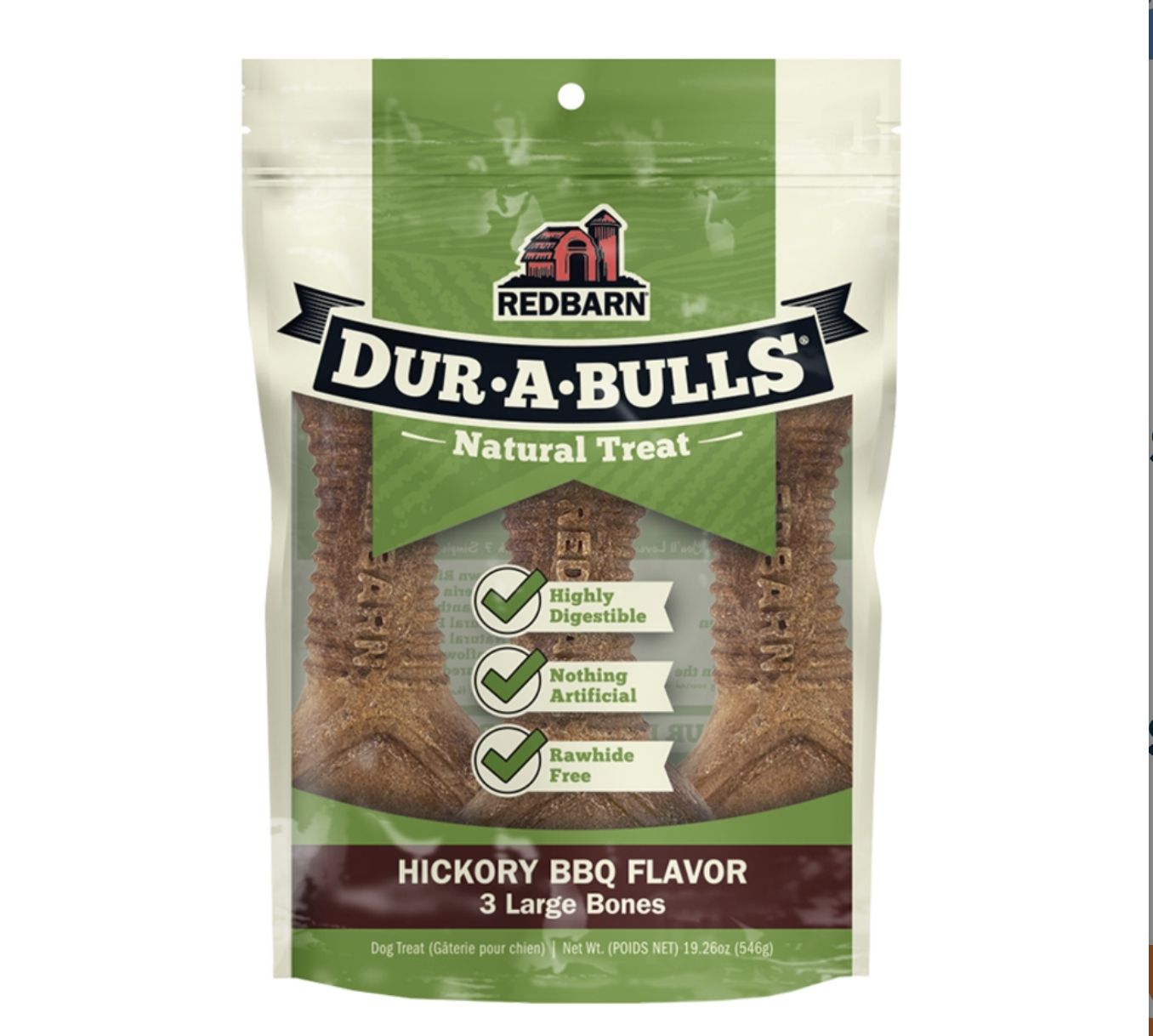 Redbarn Dur-A-Bulls Large Bone Hickory BBQ Dog Chew 3pk