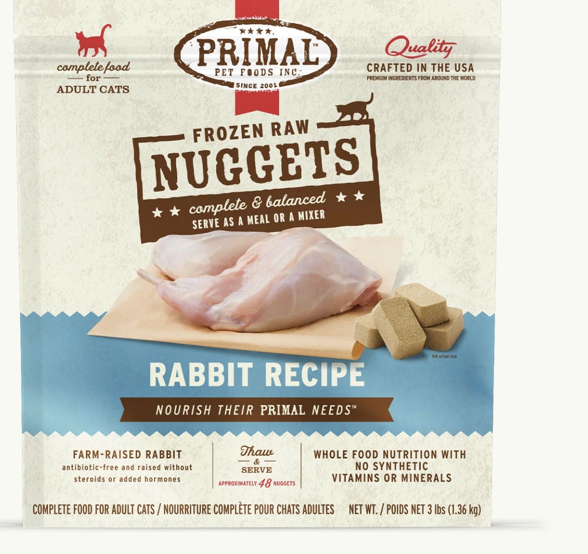 Primal Frozen Raw Nuggets Rabbit Formula Cat Food 3lb