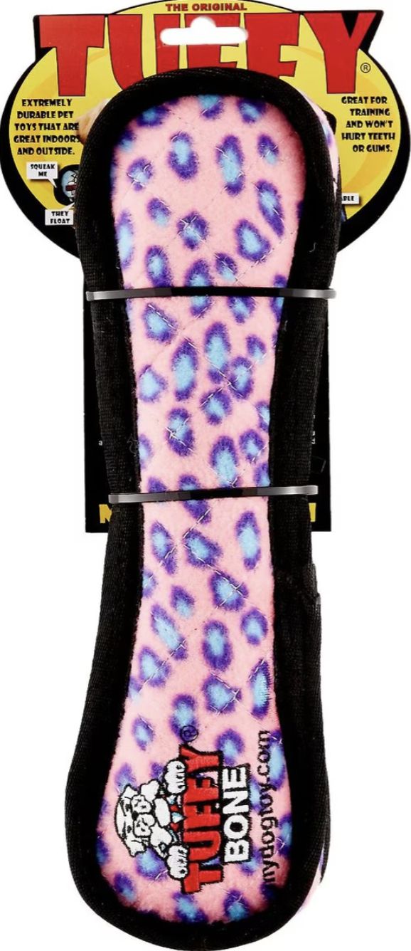 Tuffy Ultimate Bone Durable Plush Dog Toy - Pink Leopard