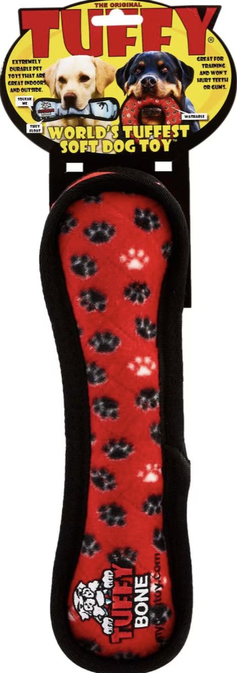 Tuffy Ultimate Bone Durable Plush Dog Toy - Red Paws
