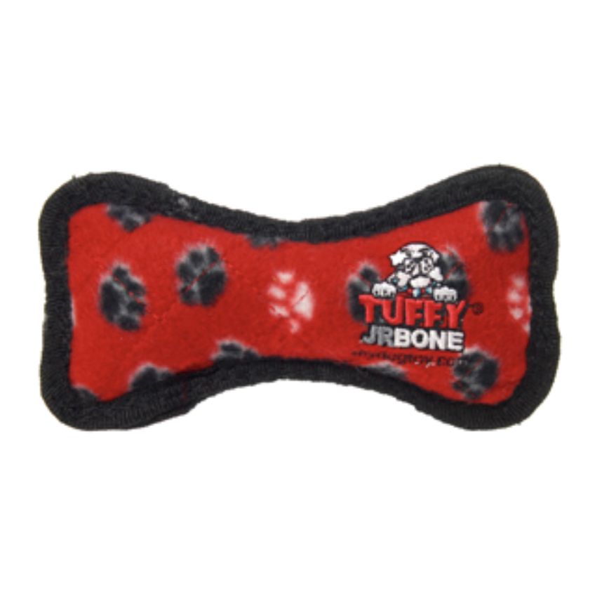 Tuffy Jr Bone Plush Dog Toy Red Paw