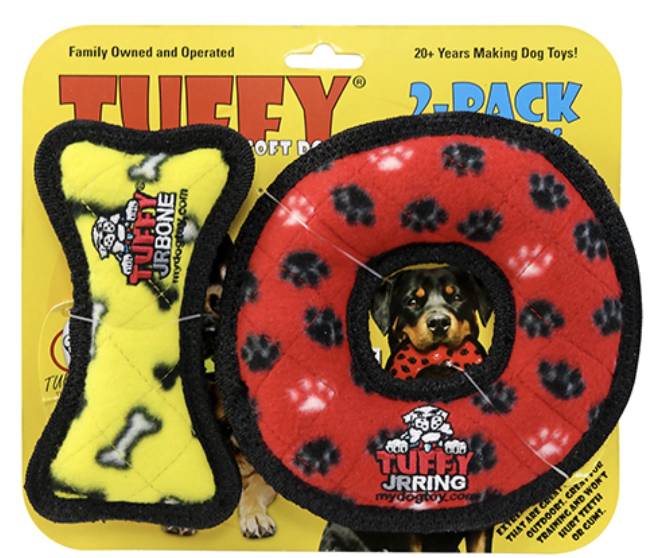 Tuffy Jr Yellow Bone and Red Ring Dog Toy 2pk