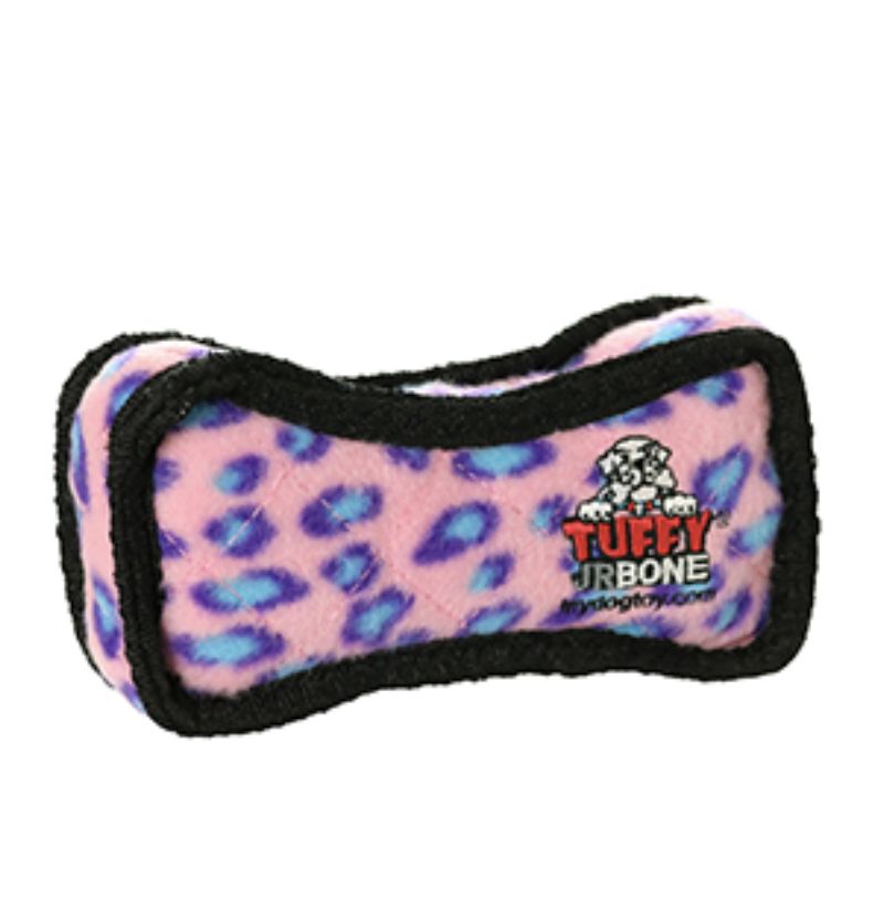 Tuffy Jr Bone Plush Dog Toy Pink Leopard