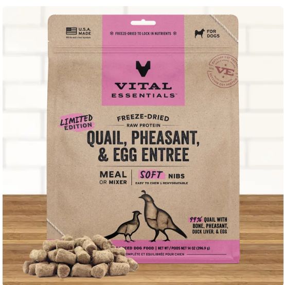 Vital Essentials Freeze Dried Soft Nibs- Quail, Pheasant and Egg Dog Food14oz