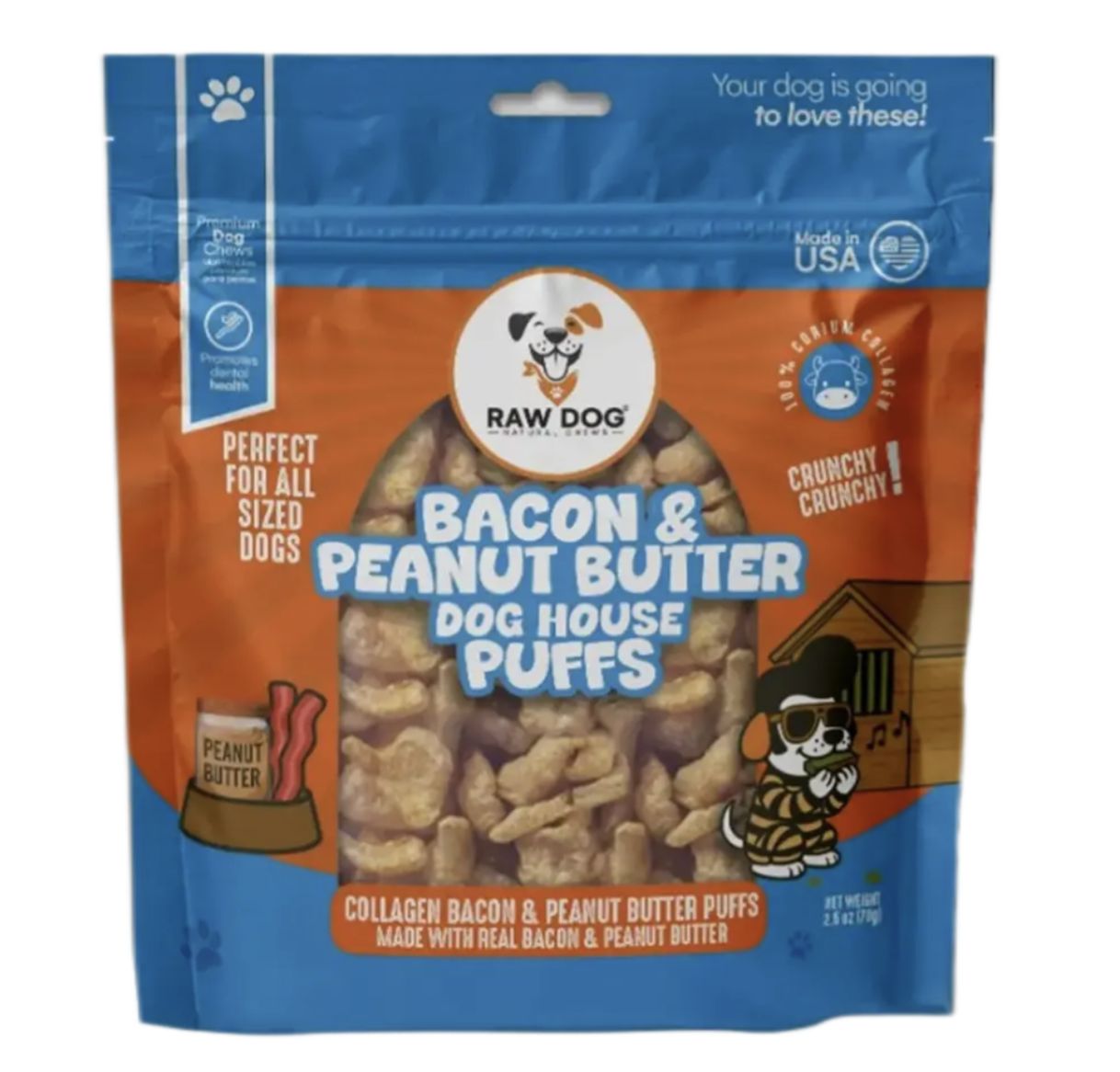 Raw Dog Beef Collagen Puffs Bacon &amp; PB Flavor 2.5oz