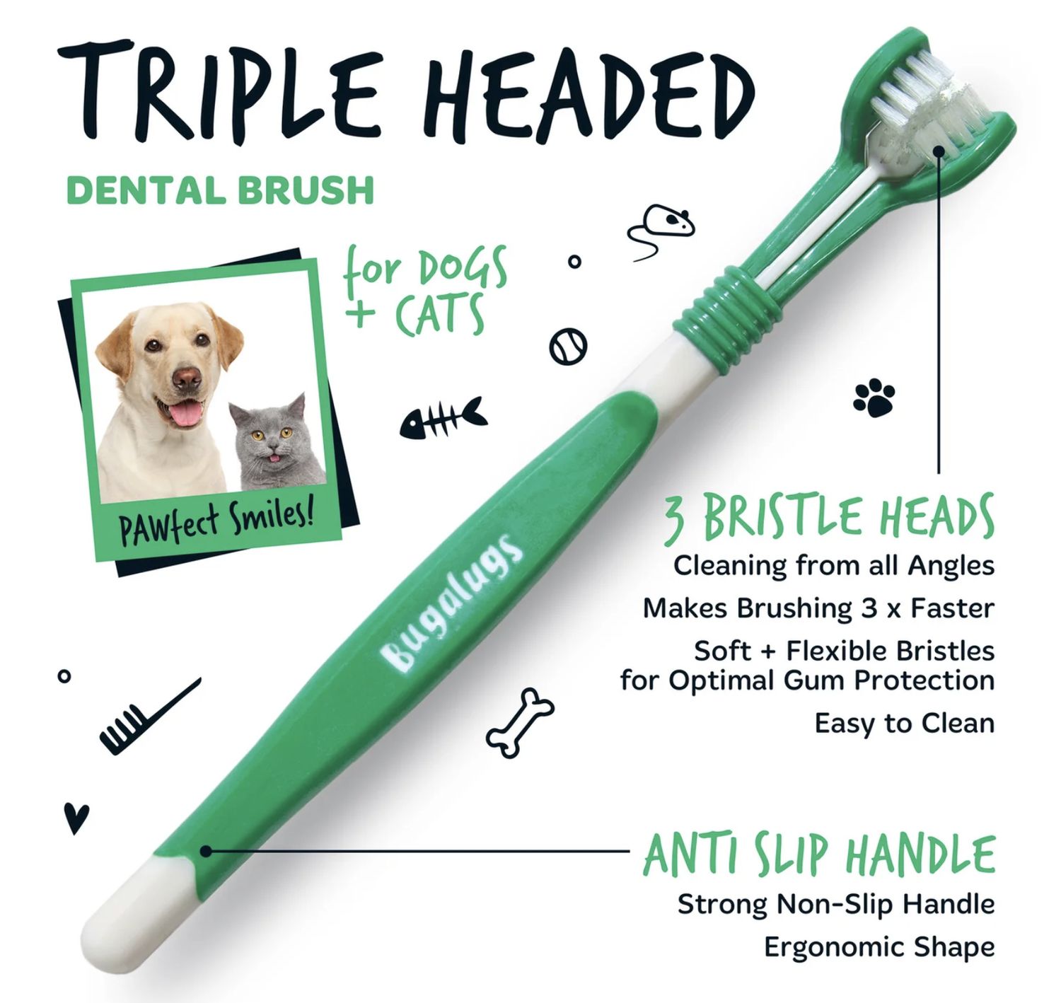 Bugalugs Triple Headed Toothbrush Dogs &amp; Cats