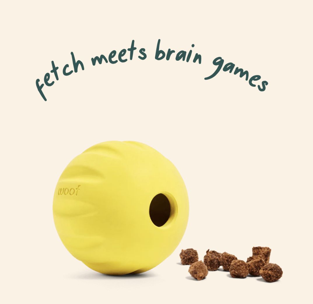 Woof Yellow Flyball 2-in-1 Fetch Treat Toy