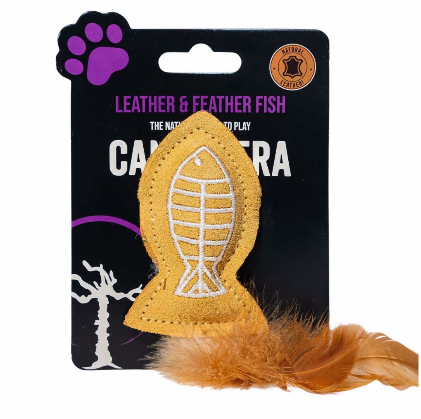 Canophera Fish w Feathers Leather Cat Toy