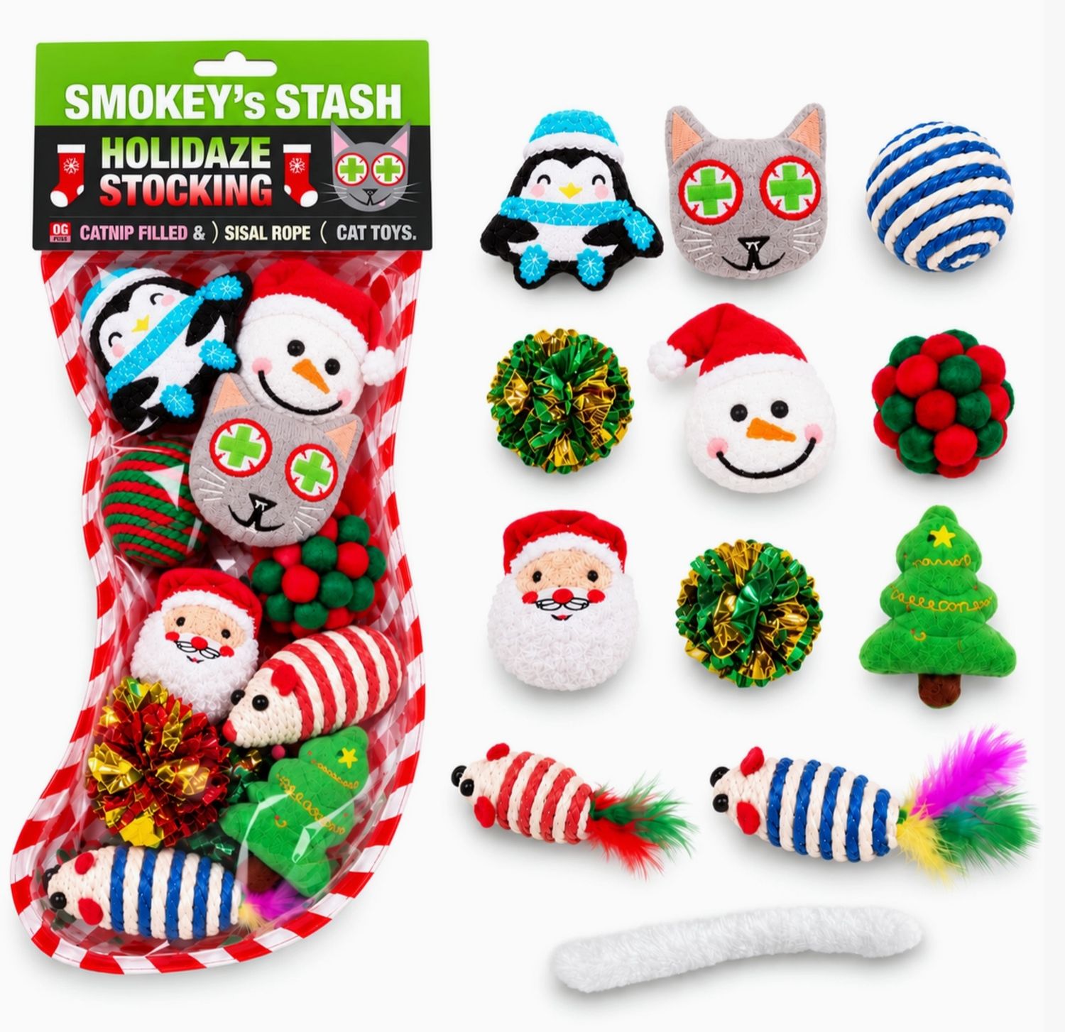Smokey's Stash Catnip Christmas Stocking Cat Toys - 12 Pack