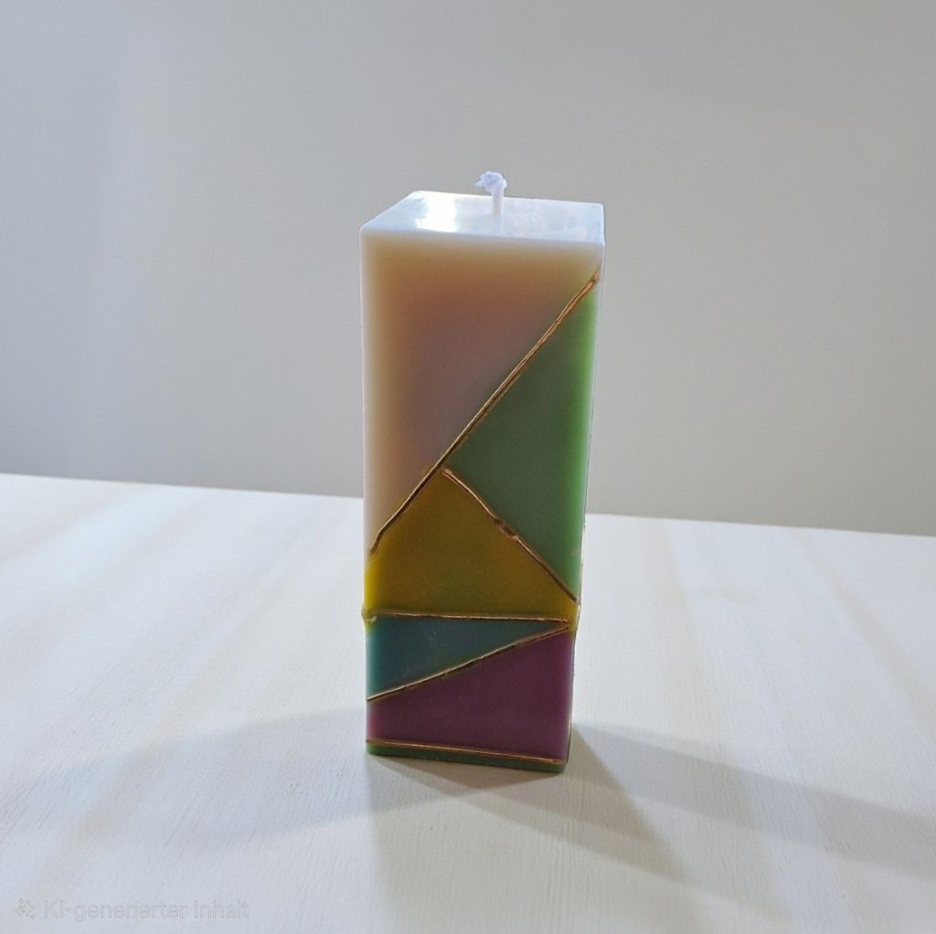 4‑eckige Kerze mit bunten Elementen – moderne Dekoidee für ein farbenfrohes Zuhause
