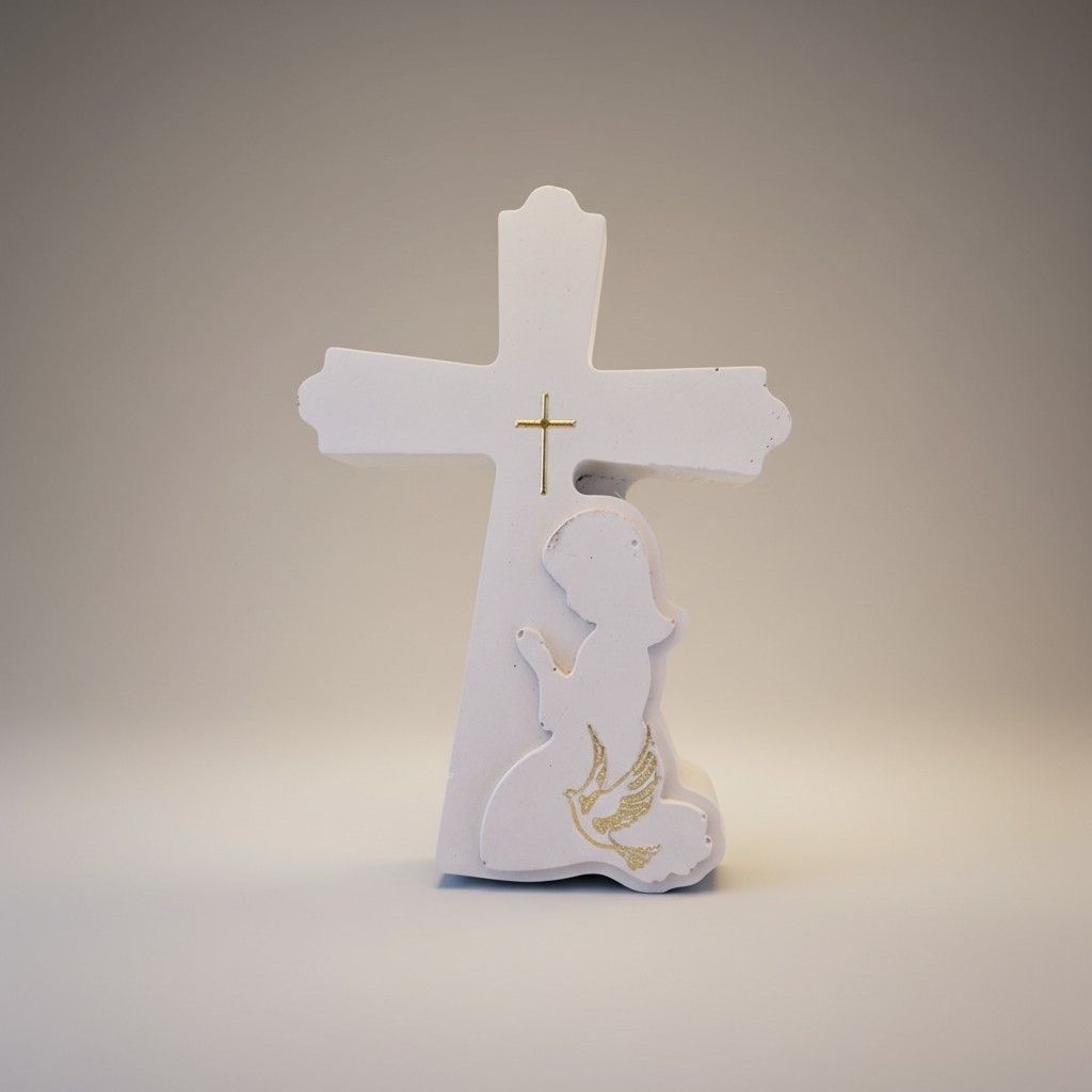 Symbolstarkes Kreuz aus Gips mit betendem Mädchen – eine liebevolle Dekofigur für besondere Momente