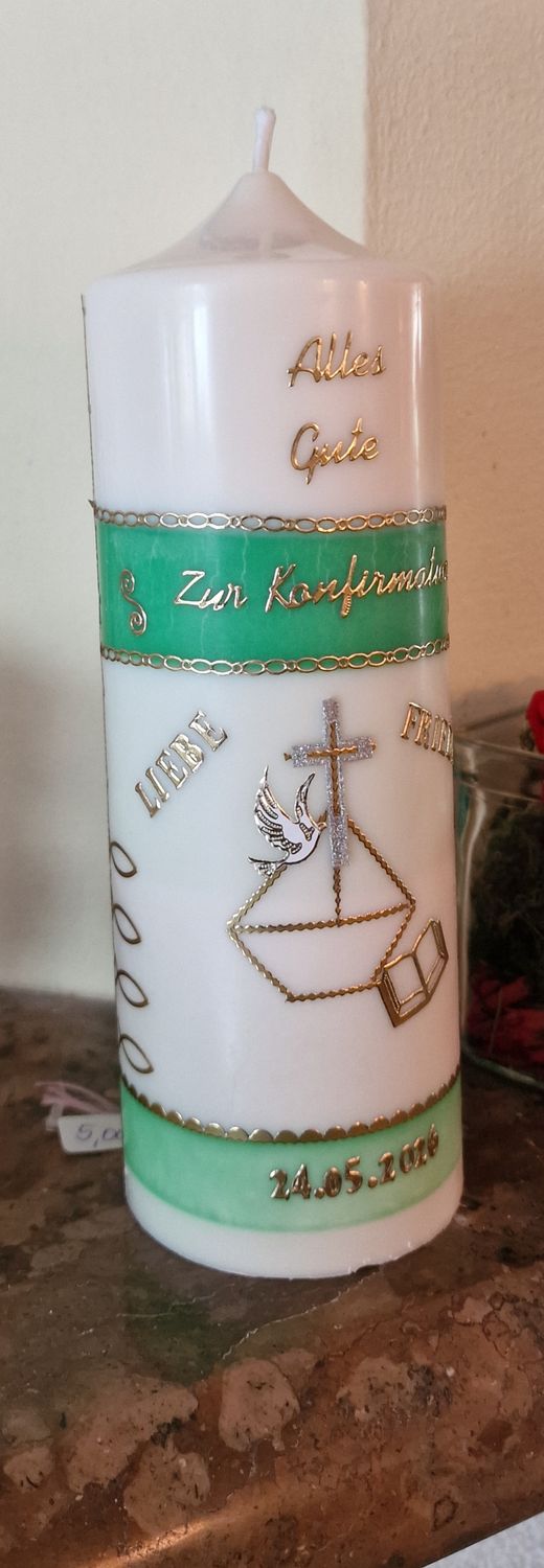 Stumpenkerze zur Konfirmation oder Kommunion – mit individueller Beschriftung &amp; Design  ( Jungsedition )