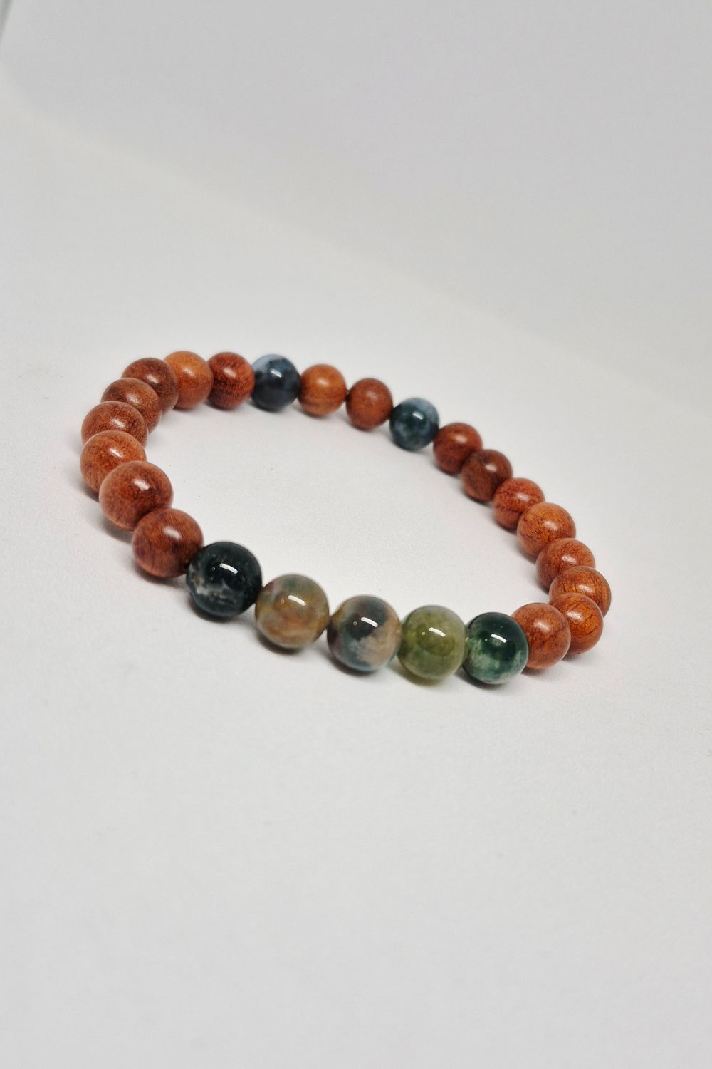 Treehouse Dreams - Indian Agate &amp; Sandalwood Stretch Bracelet – Handcrafted 8mm Gemstone Beads for Good Luck, Balance &amp; Strength