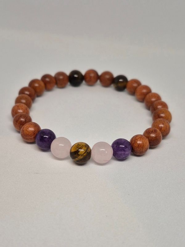Tigers Eye, Amethyst, Rose Quartz &amp; Sandalwood Stretch Bracelet