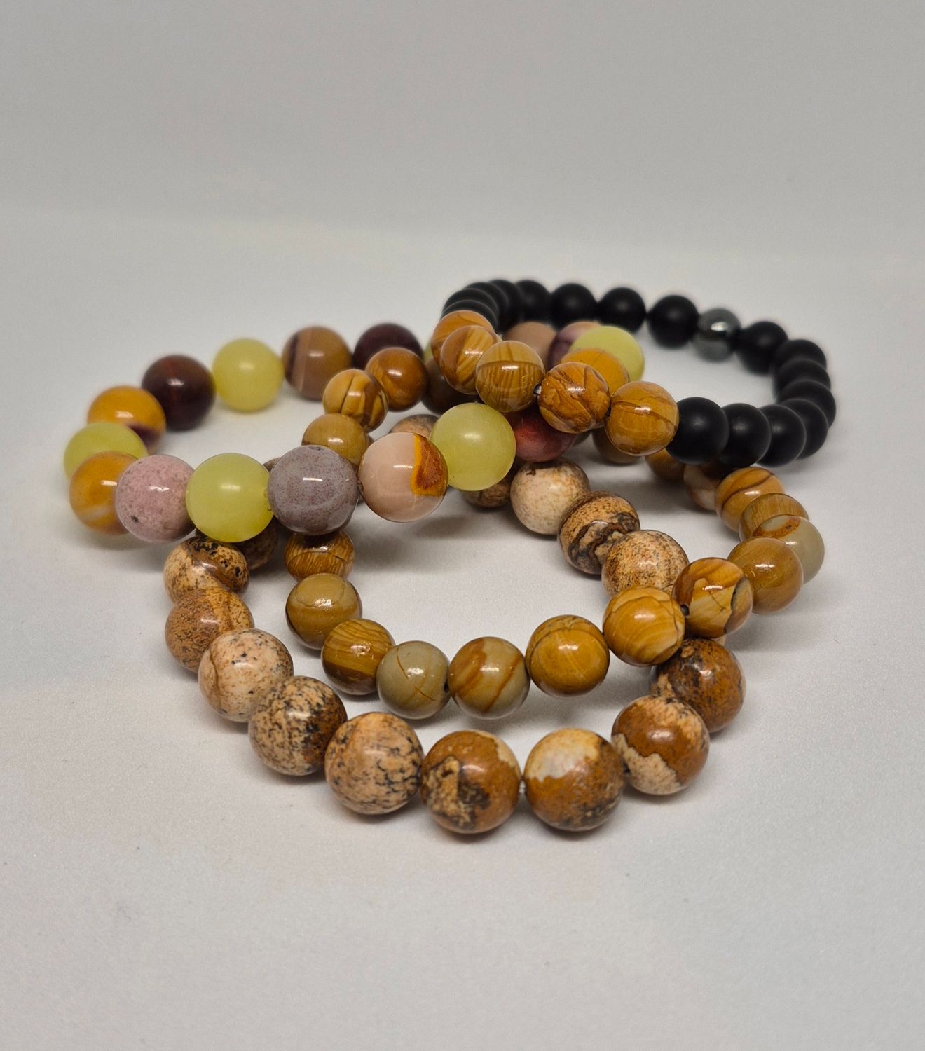 Treehouse Dreams Set of 4 Meditation Gemstone Stretch Bracelets – Picture Jasper, Matte Onyx, Hematite, Lemon Jade &amp; Mookaite Jasper