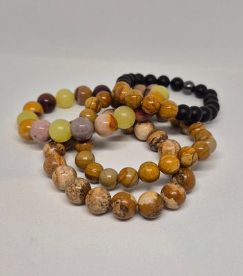 Treehouse Dreams Set of 4 Meditation Gemstone Stretch Bracelets – Picture Jasper, Matte Onyx, Hematite, Lemon Jade &amp; Mookaite Jasper