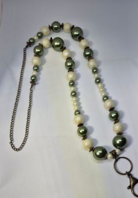 Handcrafted Olive Green &amp; Cream Pearl Badge Holder Lanyard – Heavy Duty Antique Brass Chain, 34&quot; Pullover, Large Clasp