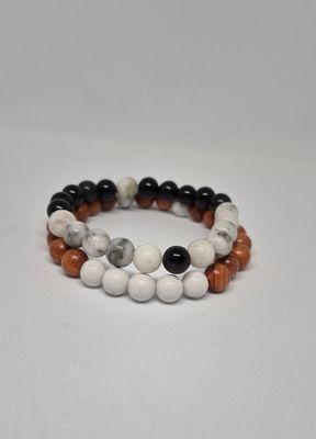 White Howlite &amp; Sandalwood Stretch Bracelet Set – Includes Howlite &amp; Black Bead Bracelet