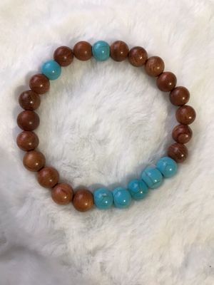 Turquoise Magnesite &amp; Sandalwood Beaded Stretch Bracelet