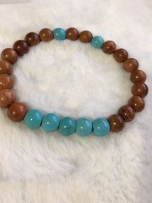 Turquoise Magnesite &amp; Sandalwood Beaded Stretch Bracelet