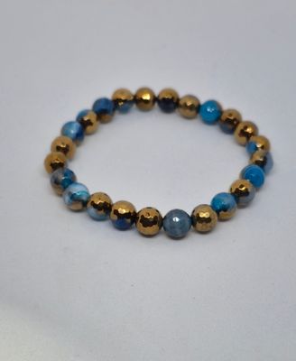 Plated Agate Blue &amp; Gold Stretch Bracelet – Elegant, Unique, and Timeless