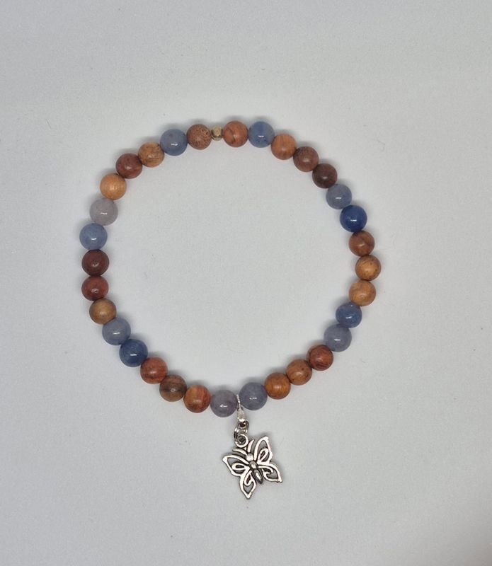 Butterfly Charm Stretch Bracelet – Blue Aventurine &amp; Tigerskin Jasper