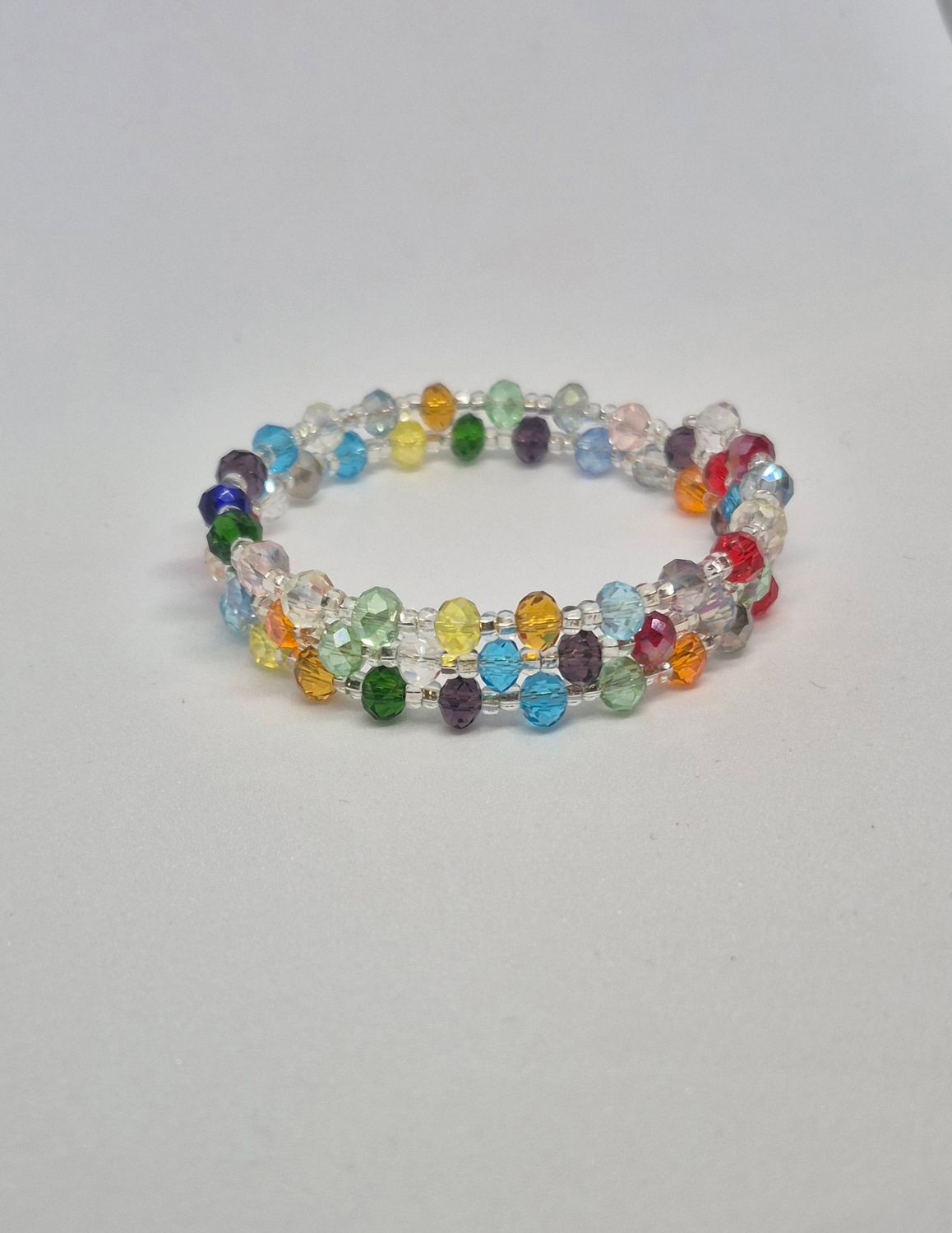 Faceted Memory Wire Bracelet – Multicolor Glass Beads &amp; Crystal Accents