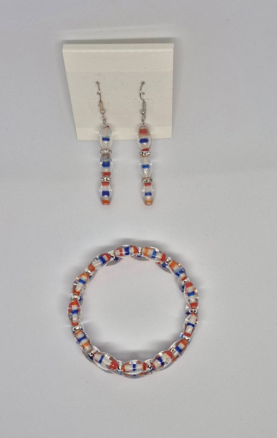 Red, White &amp; Blue Bracelet + Earrings Set – Handmade Indian Glass Beads