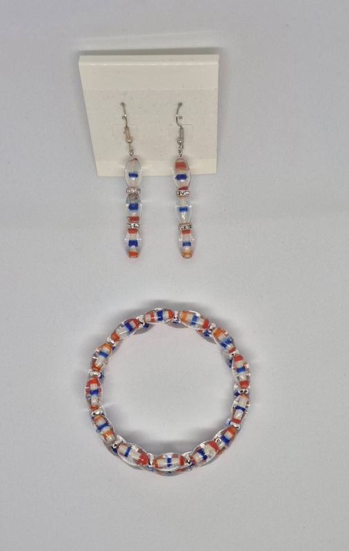 Red, White &amp; Blue Bracelet + Earrings Set – Handmade Indian Glass Beads